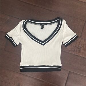 White and Black Ribbed V-Neck Top